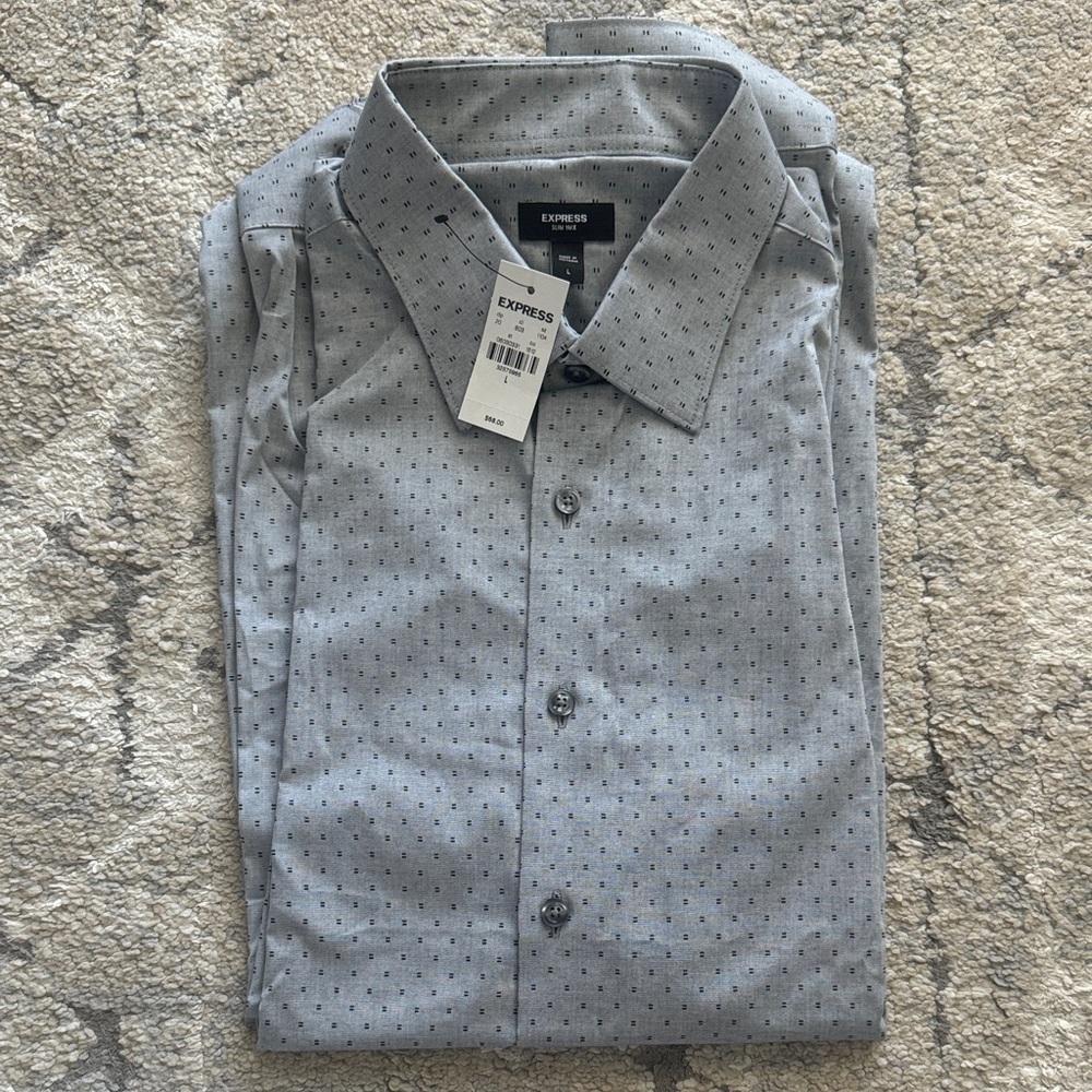 Express Men's Light Gray Patterned Dress Shirt